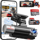 4K+4K+1080P 3 Channel Dash Cam Front and Rear with Cabin, Free 128GB Card Included, WiFi 6 5.8GHz - up to 20MB/s, IR Night Vision, Built-in GPS, G-Sensor, 24H Parking Mode, Support 512GB Max