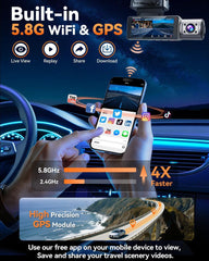 4K Dash Cam Front and Rear, Full HD 3 Channel Dashcam, Free 128GB MicroSD Card, Built-in 5.8GHz WiFi Built-in GPS, Collision Sensor, Night Vision, HDR, 3.16" IPS, 24H Parking Mode (Gray)