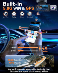 4K Dash Cam Front and Rear, Full HD 3 Channel Dashcam, Free 128GB MicroSD Card, Built-in 5.8GHz WiFi Built-in GPS, Collision Sensor, Night Vision, HDR, 3.16" IPS, 24H Parking Mode(Black)