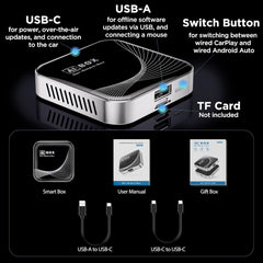 3-in-1 Wireless CarPlay Adapter & Android Auto Wireless Adapter, Plug & Play, Easy Setup, Supports Netflix, YouTube, TF Card, and More for Cars with OEM Wired CarPlay/Android Auto