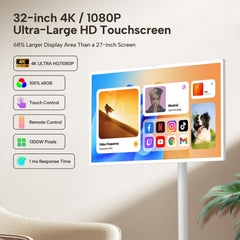 YAOKIREN 32" Smart Portable TV, 4K/1080P Mobile TV, Android OS, 6GB+128GB, Built-in 15000mAh Battery, 13MP Camera for Video Calls, Swivel Rotating Stand, Voice Remote, Wireless Smart Display