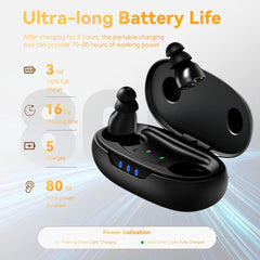 Supermini Hearing Aids for Seniors with Digital Chips, 80H Wireless Charging Case OTC Rechargeable Hearing Amplifiers Invisible with 16-Channel Sound Processing 3 Levels Volume (Black)