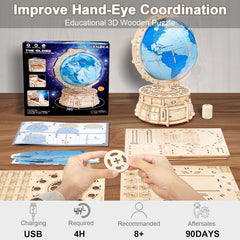 3D Wooden Puzzles for Adults Illuminated Globe with Stand 188pcs 3D Puzzles Model Kit Built-in LED Music Box Stem Toys Gifts for Adults/Teens
