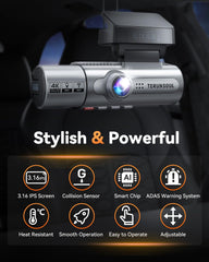 4K Dash Cam Front and Rear, Full HD 3 Channel Dashcam, Free 128GB MicroSD Card, Built-in 5.8GHz WiFi Built-in GPS, Collision Sensor, Night Vision, HDR, 3.16" IPS, 24H Parking Mode (Gray)