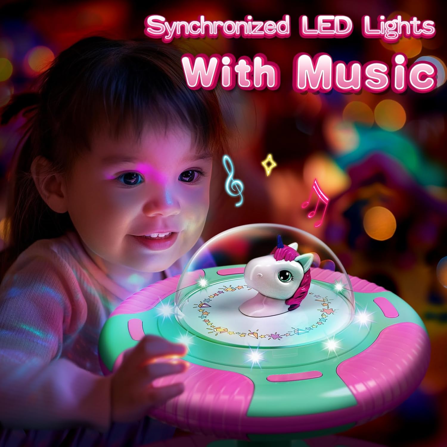 Unicorn Sit and Spin Toy for Toddlers Girls Ages 1-3 2-4, Birthday Gift for 2 3 4 Years Old Girl, 360° Spin Seat Kids Indoor Interactive Sensory Toy with LED & Music