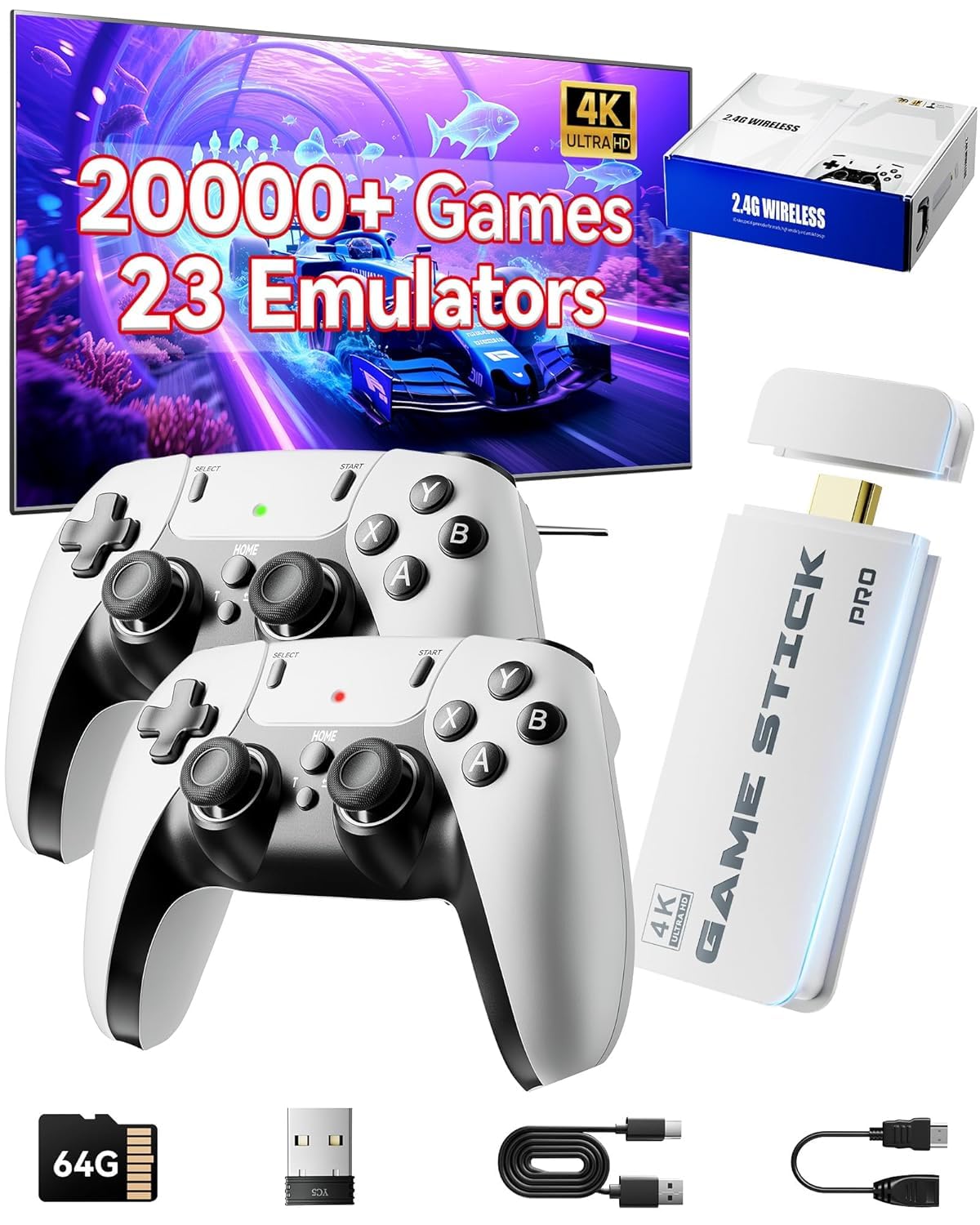 2026 Upgraded Retro Gaming Console, 20,000+ Retro Game Stick, Built-in Classic Video Games 23 Emulators, 4K HD HDMI TV Game Stick, Plug & Play Game Console for TV with 2 Wireless Controllers