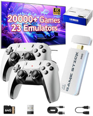 2026 Upgraded Retro Gaming Console, 20,000+ Retro Game Stick, Built-in Classic Video Games 23 Emulators, 4K HD HDMI TV Game Stick, Plug & Play Game Console for TV with 2 Wireless Controllers