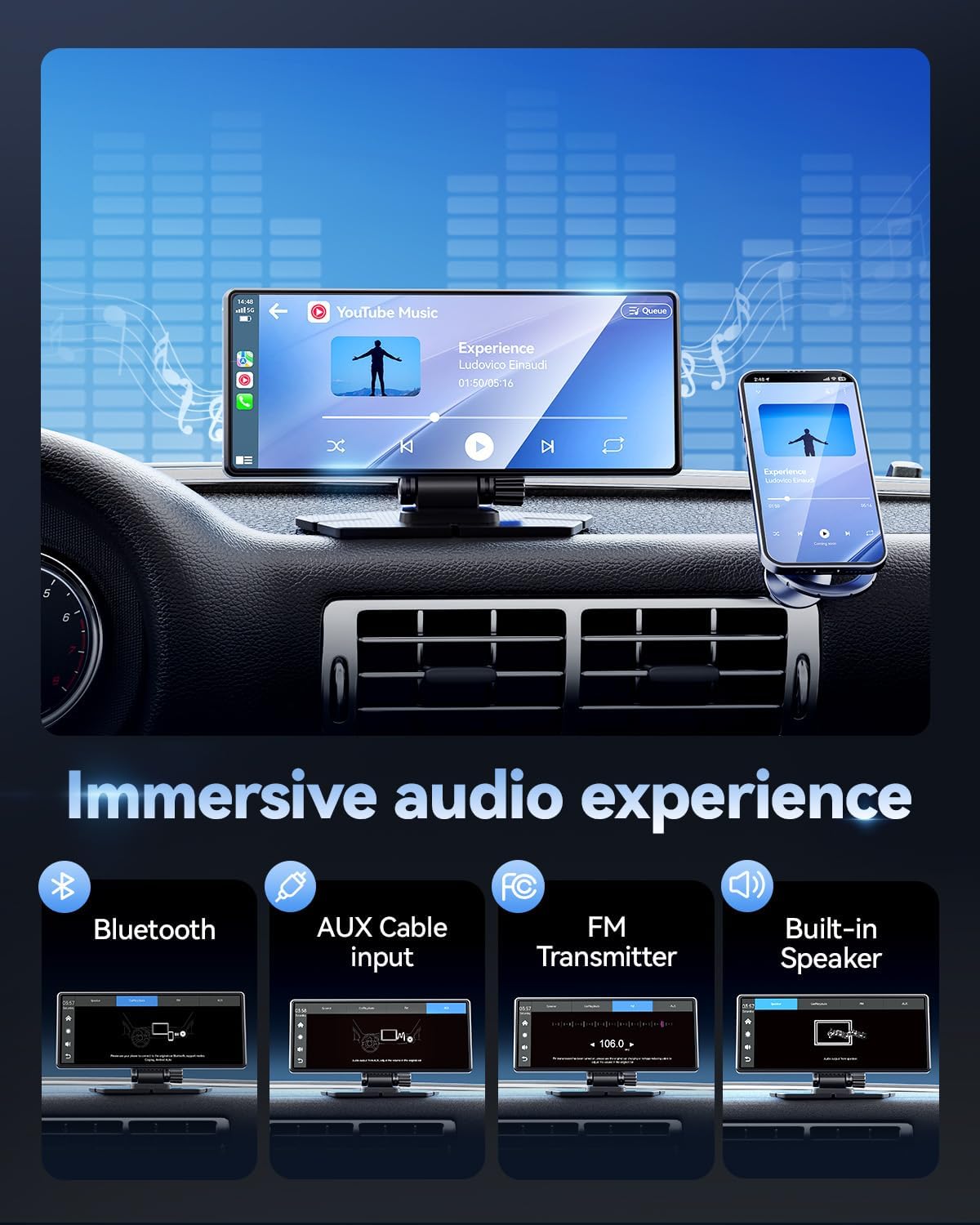 Carplay Screen for Car, 8.1" HD Portable Touch Screen Car Stereo with Android Auto, 4K Dash Cam, 1080P Backup Camera, GPS Navigation, Mirror Link, Bluetooth, AUX, FM Transmitter