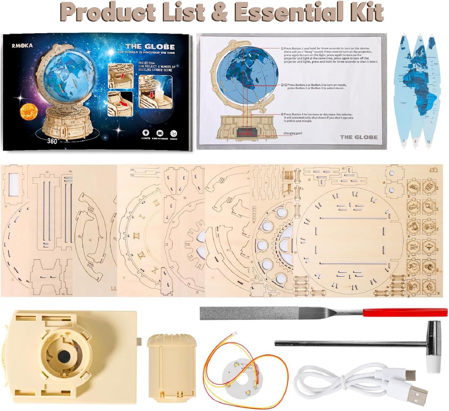 3D Wooden Puzzles for Adults Illuminated Globe with Stand 188pcs 3D Puzzles Model Kit Built-in LED Music Box Stem Toys Gifts for Adults/Teens