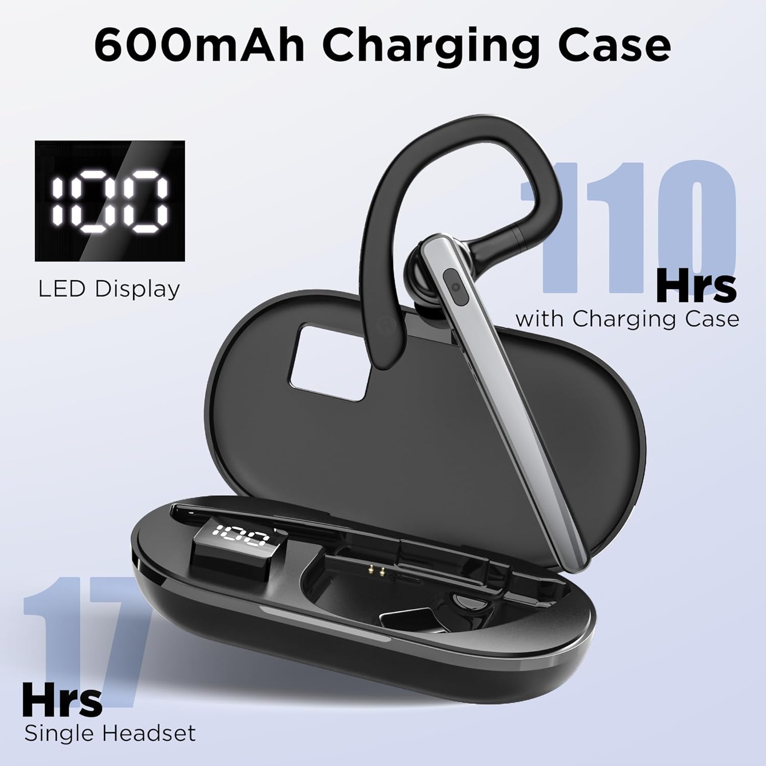 Bluetooth Headset V5.3, Wireless Bluetooth Earpiece with 600mAh Charging Case, 110H Playtime, Hands Free Headset for Cell Phone and Computer with Built-in Microphone for Work Trucker Office