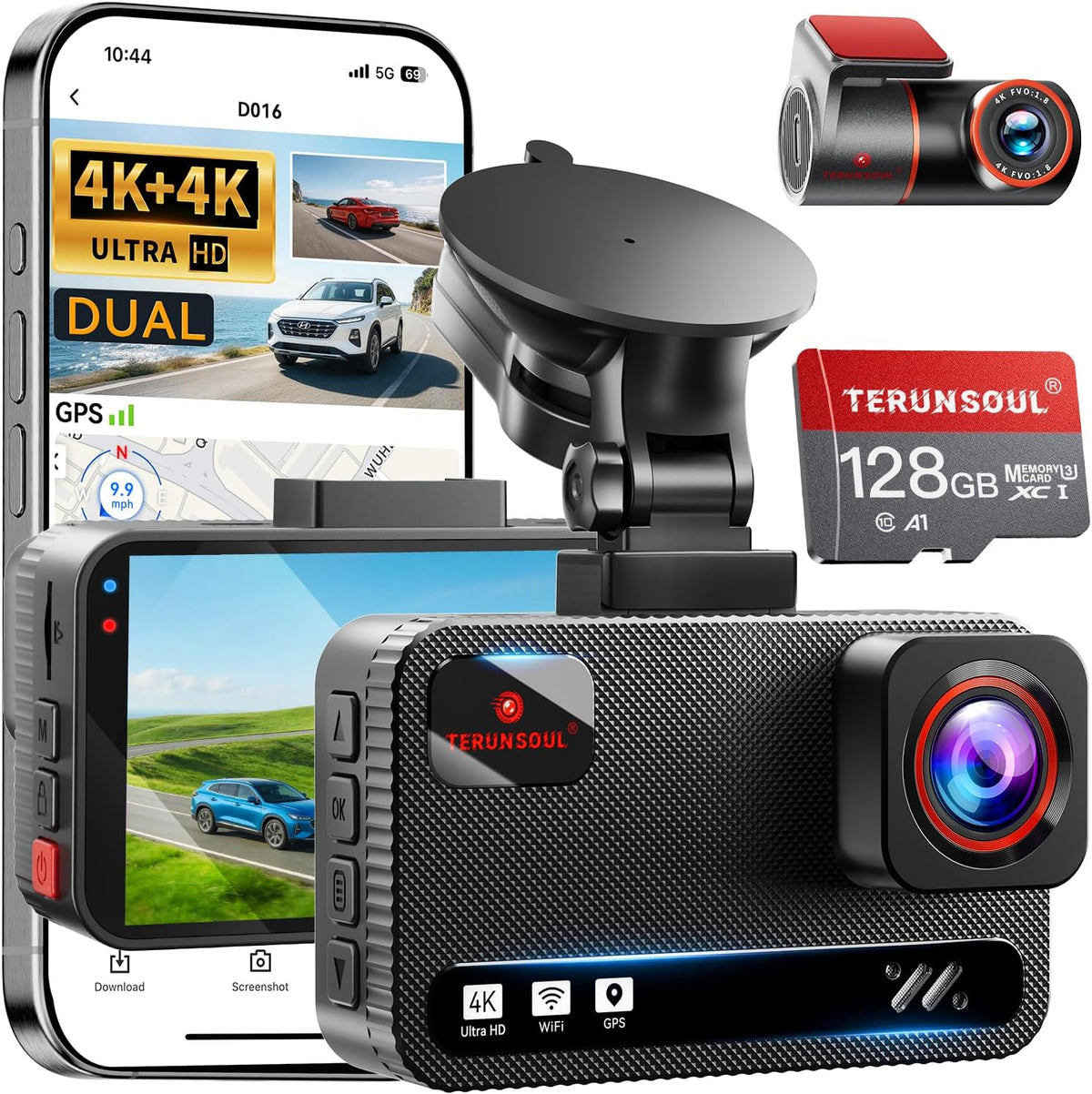 4K Dash Cam Front and Rear Camera,Dash Cam with App Control Black | 128GB Card,Built-in GPS,G-Sensor,5.8GHz Wi-Fi, 3" IPS Screen,24H Parking Mode,170°Wide,HDR,Loop Recording,Support 512GB Max