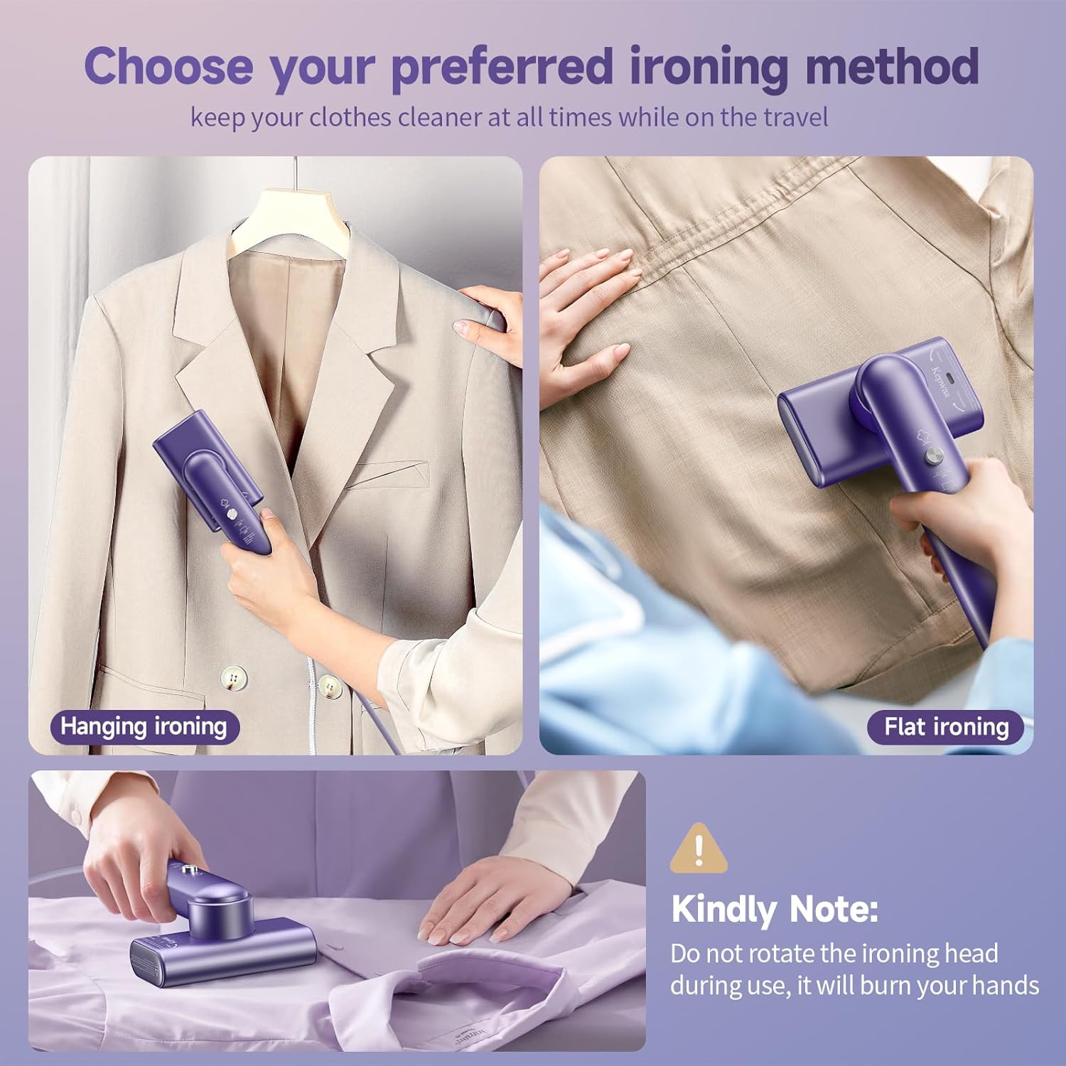 Travel Portable Steamer for clothes - Handheld Steamer for Fabric Clothing Wrinkles, 15s Fast Heat-up Rotary Garment Steamer, 1200W Light Mini Steam Iron for Home, Office and Travel (Purple)