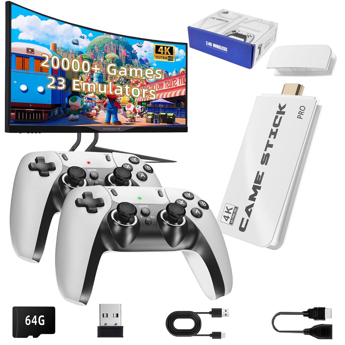 BADGOAL 2025 Upgrades Retro Game Console Stick, Nostalgia Gaming Stick, Over 20,000 Games and 23 Emulators, Upgraded Dual 2.4G Wireless Controllers, Plug & Play TV Video Gaming Stick with 64GB Memory