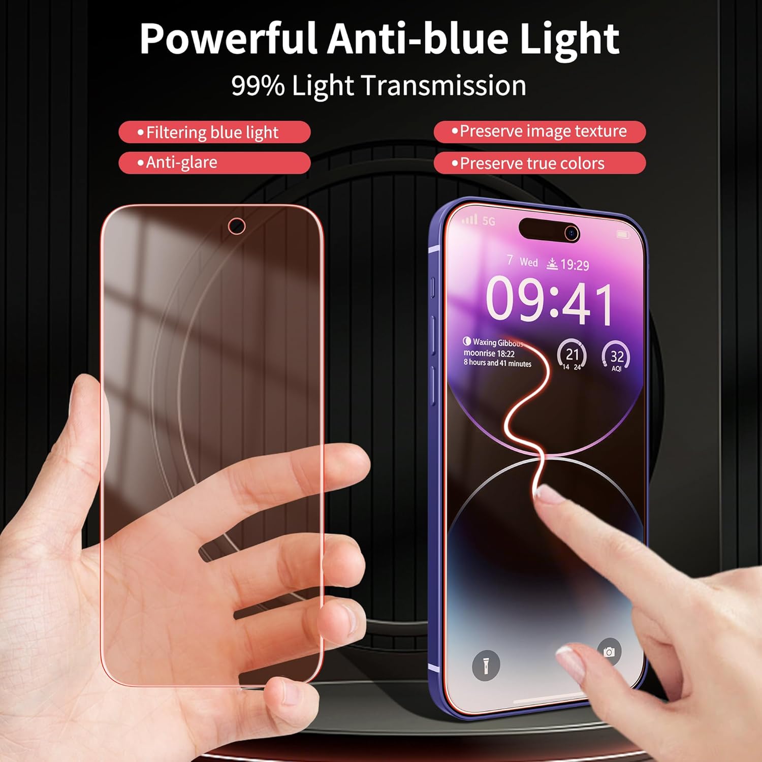 2 Pack Screen Protector for iphone 15 Pro Max [6.7 inch], New Red Light 9H Tempered Glass Screen Protector Upgraded Protection, Anti-Blue Light, Anti-Reflection, Patented Eye Protection.