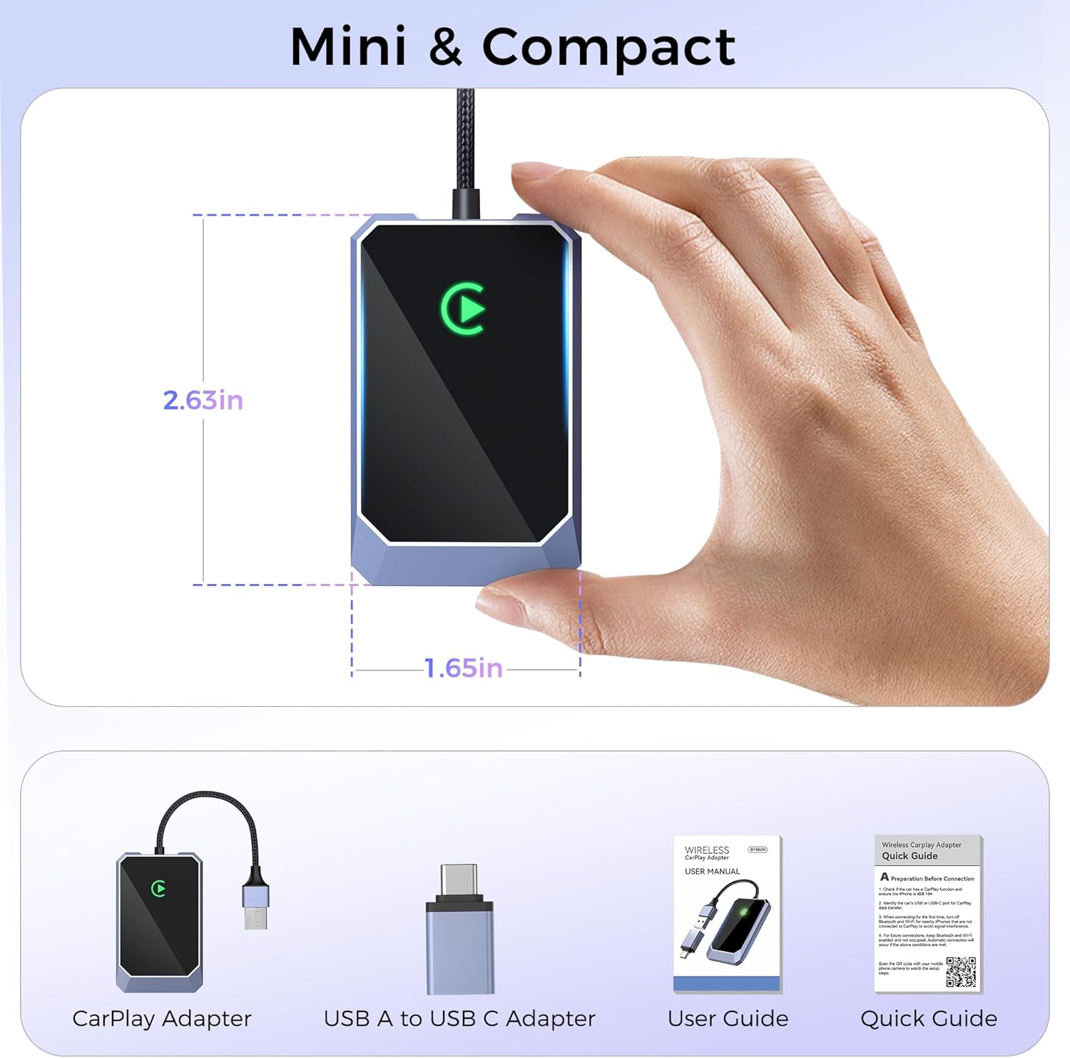 Wireless CarPlay Adapter, Convert Factory Wired to Wireless, Easy Plug and Play Setup, Zero Delay, Supports Voice Assistant, Compatible with Cars with OEM Wired CarPlay & iOS 10+