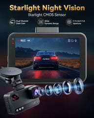 4K+4K Dash Cam Front and Rear, Free 128GB Card Included, 5.8GHz WiFi Dash Camera for Cars, Built-in GPS, G-Sensor, 170°Wide Angle, 3" IPS Screen, 24H Parking Mode, Support 512GB Max
