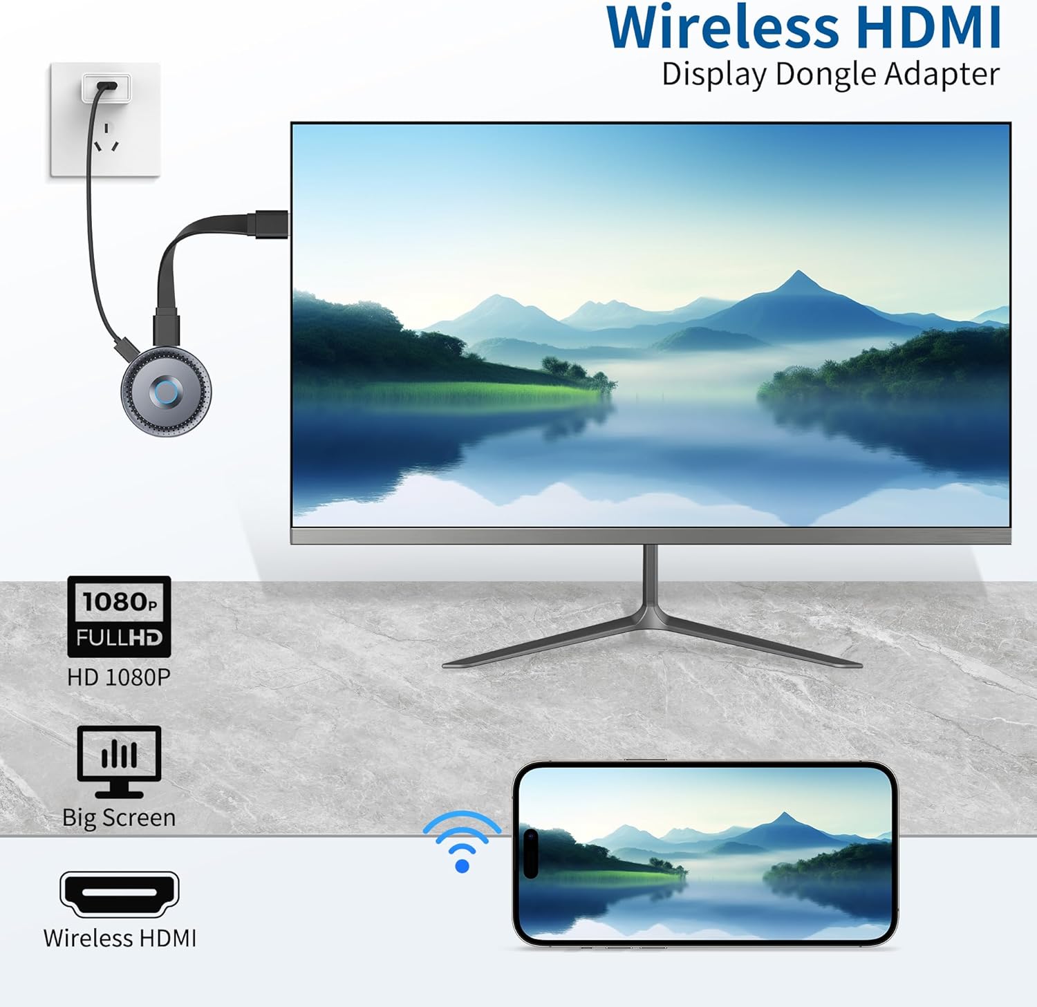 Wireless HDMI Display Dongle Adapter, Wireless Transmitter Plug and Play for Streaming Media Video/Audio from Smartphone, PC, Laptop to HDTV/Monitor/Projector, Supports iOS, Android, Windows, Mac OS