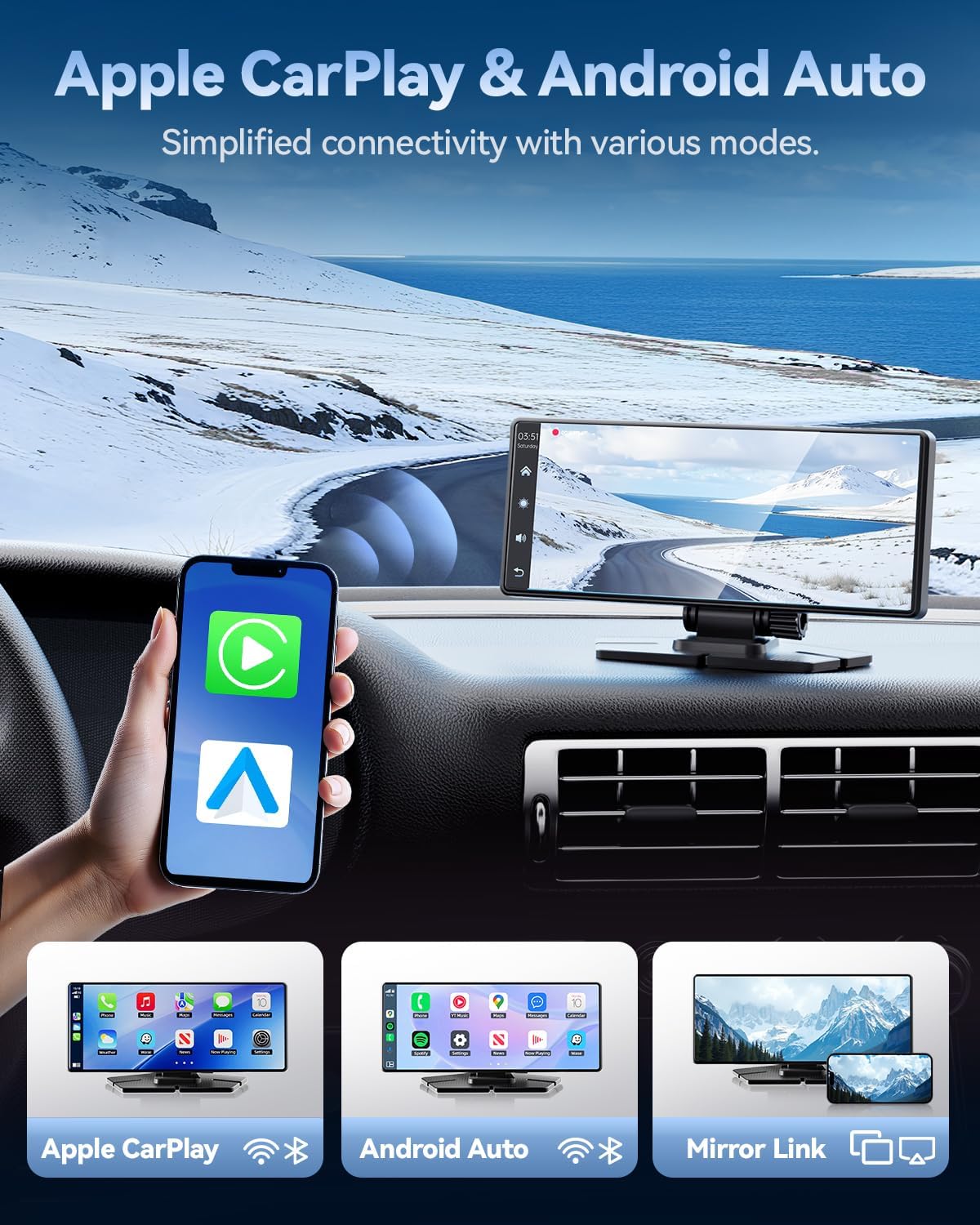Carplay Screen for Car, 8.1" HD Portable Touch Screen Car Stereo with Android Auto, 4K Dash Cam, 1080P Backup Camera, GPS Navigation, Mirror Link, Bluetooth, AUX, FM Transmitter