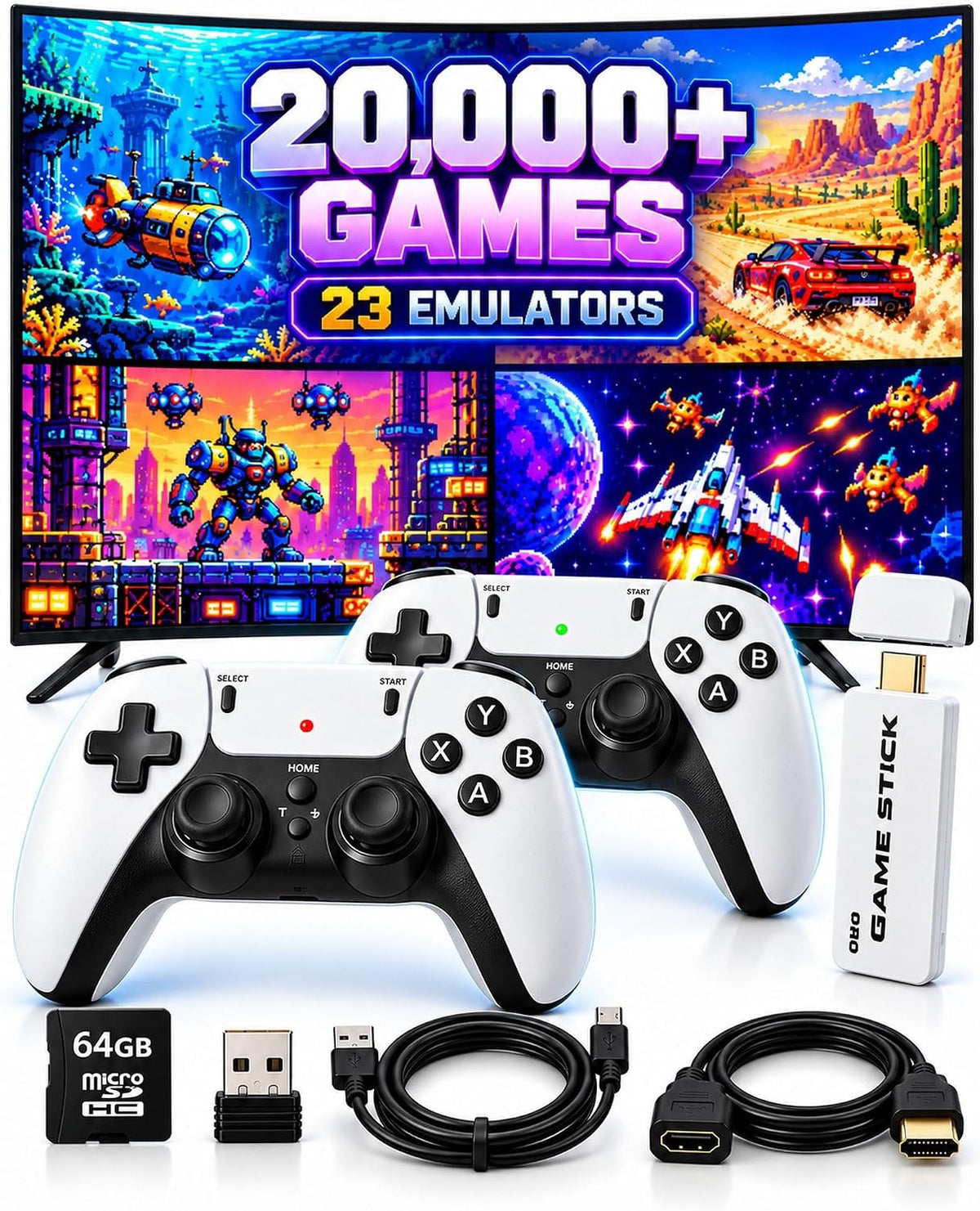 2026 Upgrade 3D Retro Gaming Console Stick Pro, New Video Game Consoles 4K HDMI Out Put, Built-in 23 Emulators, 20000+ Retro Games, Plug & Play TV Game Stick with Dual 2.4G Wireless Controllers