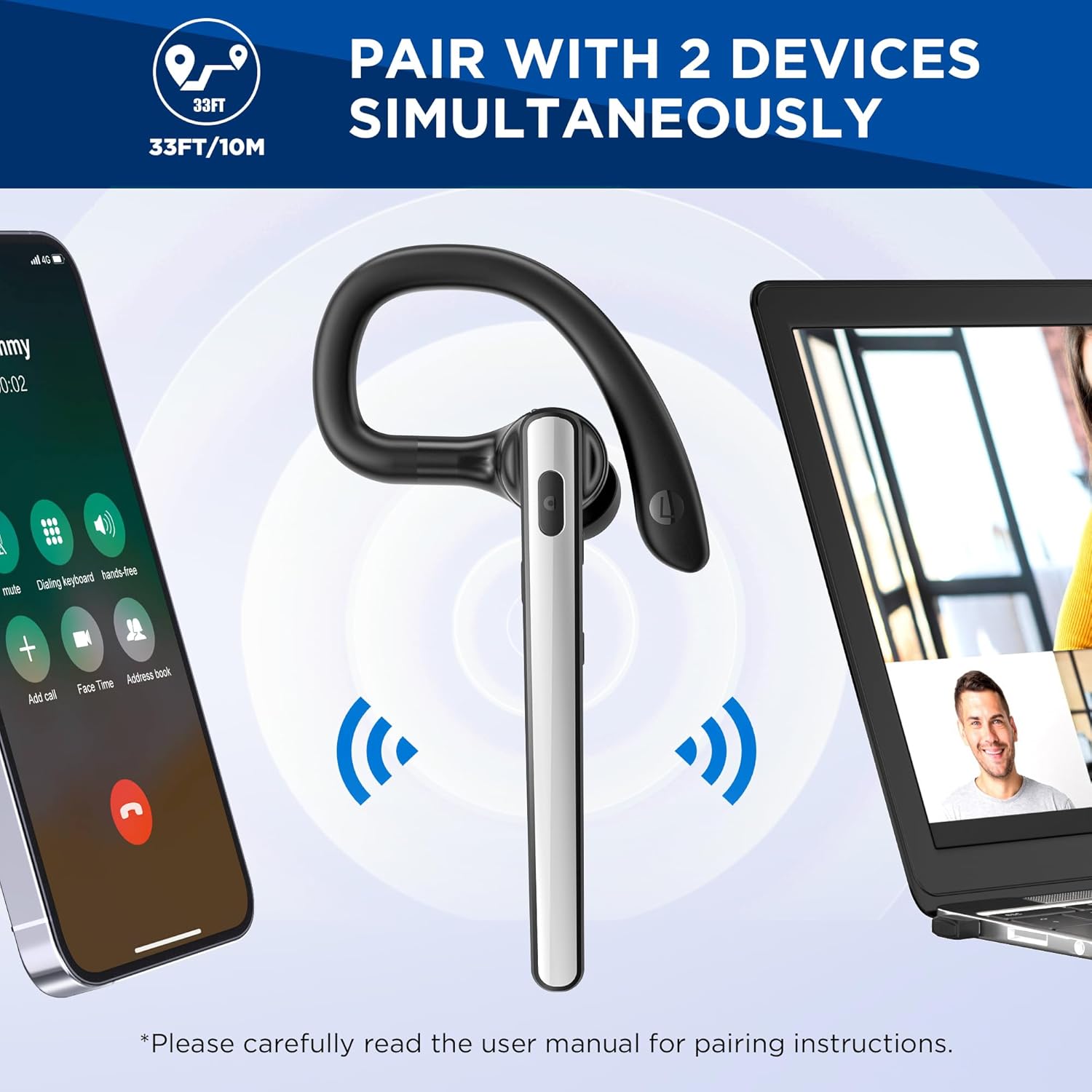 Bluetooth Headset V5.3, Wireless Bluetooth Earpiece with 600mAh Charging Case, 110H Playtime, Hands Free Headset for Cell Phone and Computer with Built-in Microphone for Work Trucker Office