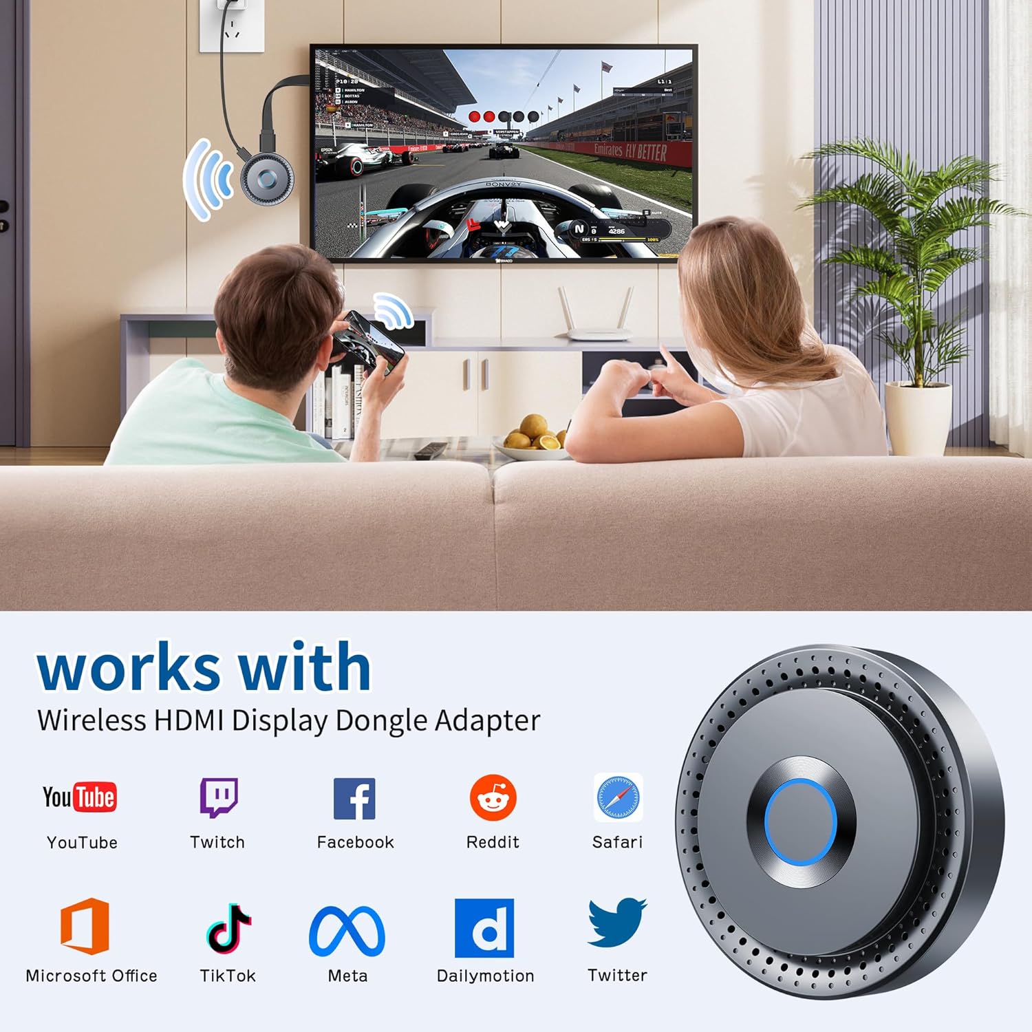 Wireless HDMI Display Dongle Adapter, Wireless Transmitter Plug and Play for Streaming Media Video/Audio from Smartphone, PC, Laptop to HDTV/Monitor/Projector, Supports iOS, Android, Windows, Mac OS