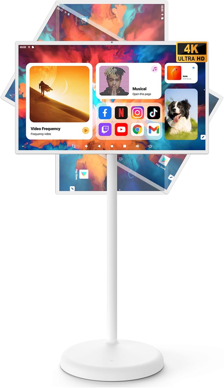 YAOKIREN 32" Smart Portable TV, 4K/1080P Mobile TV, Android OS, 6GB+128GB, Built-in 15000mAh Battery, 13MP Camera for Video Calls, Swivel Rotating Stand, Voice Remote, Wireless Smart Display