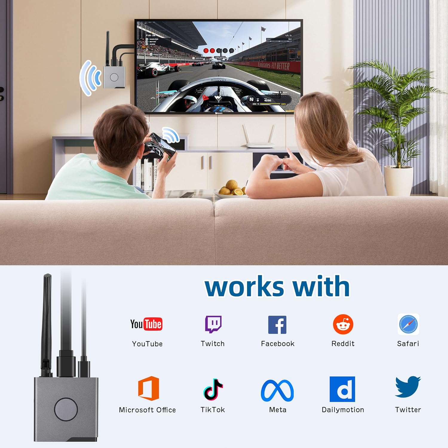 Wireless HDMI Display Dongle Adapter,Portable Transmitter,Plug & Play Streaming Media/Audio/File HDMI Wireless Extender from Smartphone,Laptop to HDTV/Monitor/Projector,Support Airplay DLNA Miracast