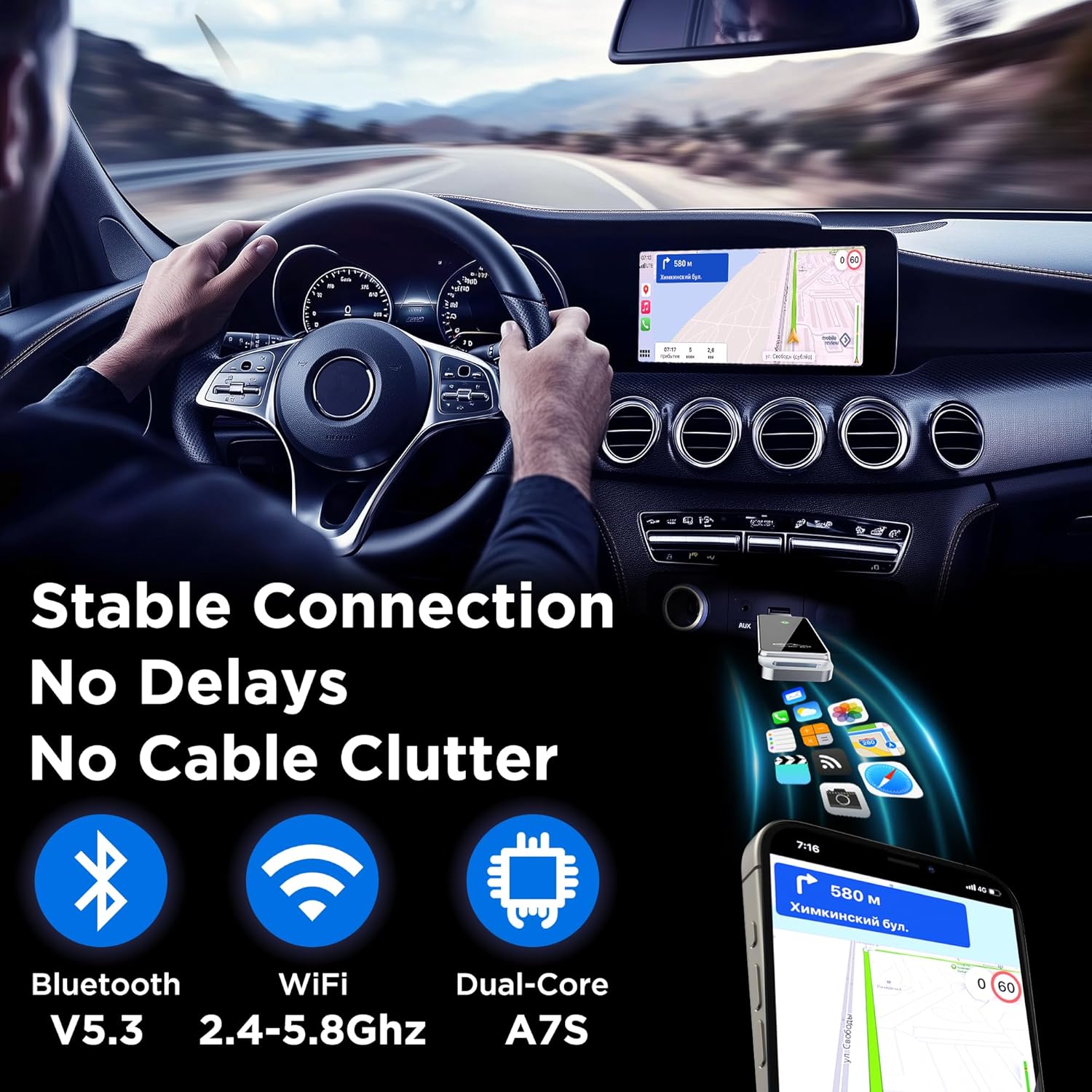 Wireless CarPlay Adapter 2024 Upgrade, Plug and Play, No Latency, Converts Factory Wired to Wireless, Compatible with iPhone 6+ and 2015+ Cars, Bluetooth 2.4GHz and Wi-Fi 2.4+5.8GHz (CarPlay)