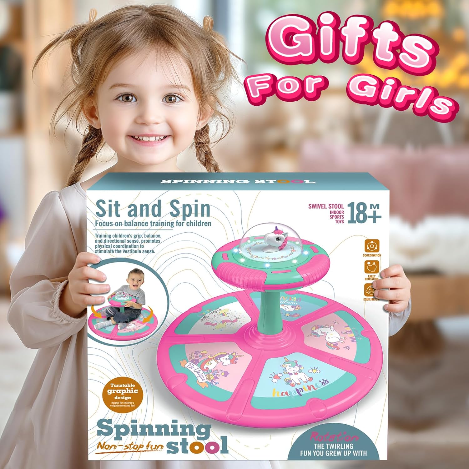 Unicorn Sit and Spin Toy for Toddlers Girls Ages 1-3 2-4, Birthday Gift for 2 3 4 Years Old Girl, 360° Spin Seat Kids Indoor Interactive Sensory Toy with LED & Music