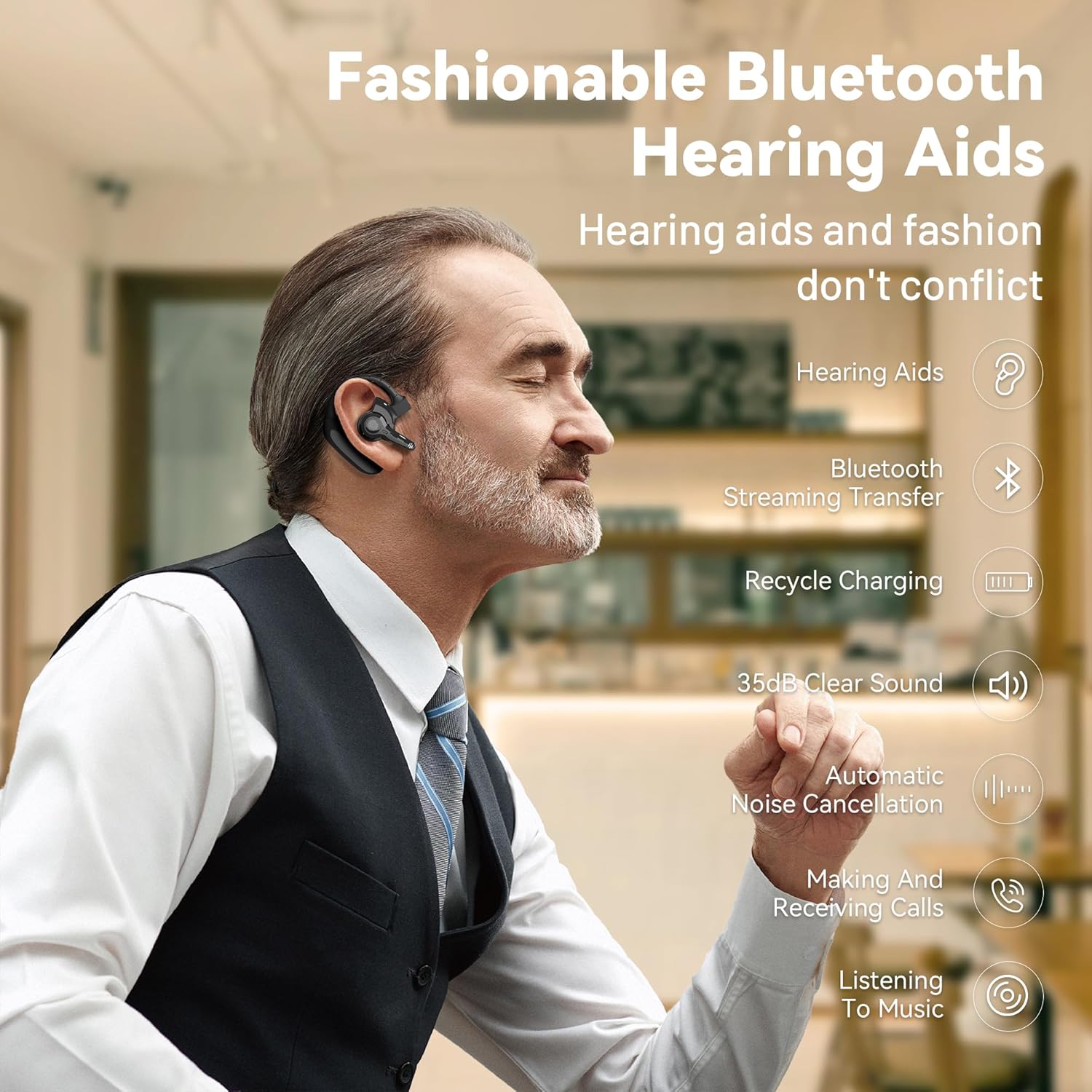 Hearing Aids, Bluetooth Hearing Aids for Seniors with Noise Cancelling and Volume Control, Fashionable and Trendy Rechargeable Hearing Aids for Hearing Loss (Single)