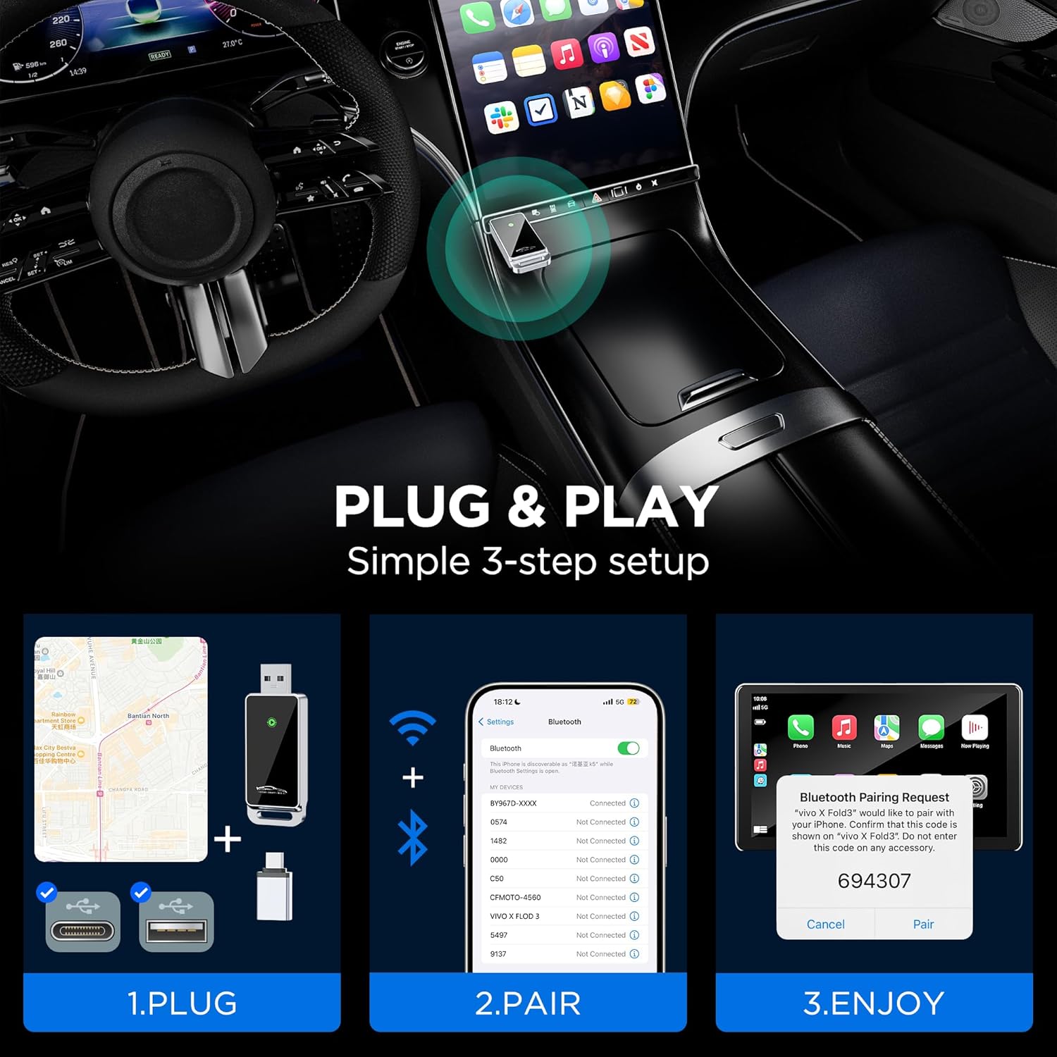 Wireless CarPlay Adapter 2024 Upgrade, Plug and Play, No Latency, Converts Factory Wired to Wireless, Compatible with iPhone 6+ and 2015+ Cars, Bluetooth 2.4GHz and Wi-Fi 2.4+5.8GHz (CarPlay)