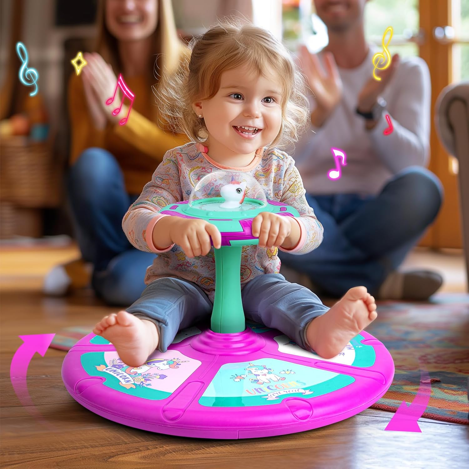 Unicorn Sit and Spin Toy for Toddlers Girls Ages 1-3 2-4, Birthday Gift for 2 3 4 Years Old Girl, 360° Spin Seat Kids Indoor Interactive Sensory Toy with LED & Music