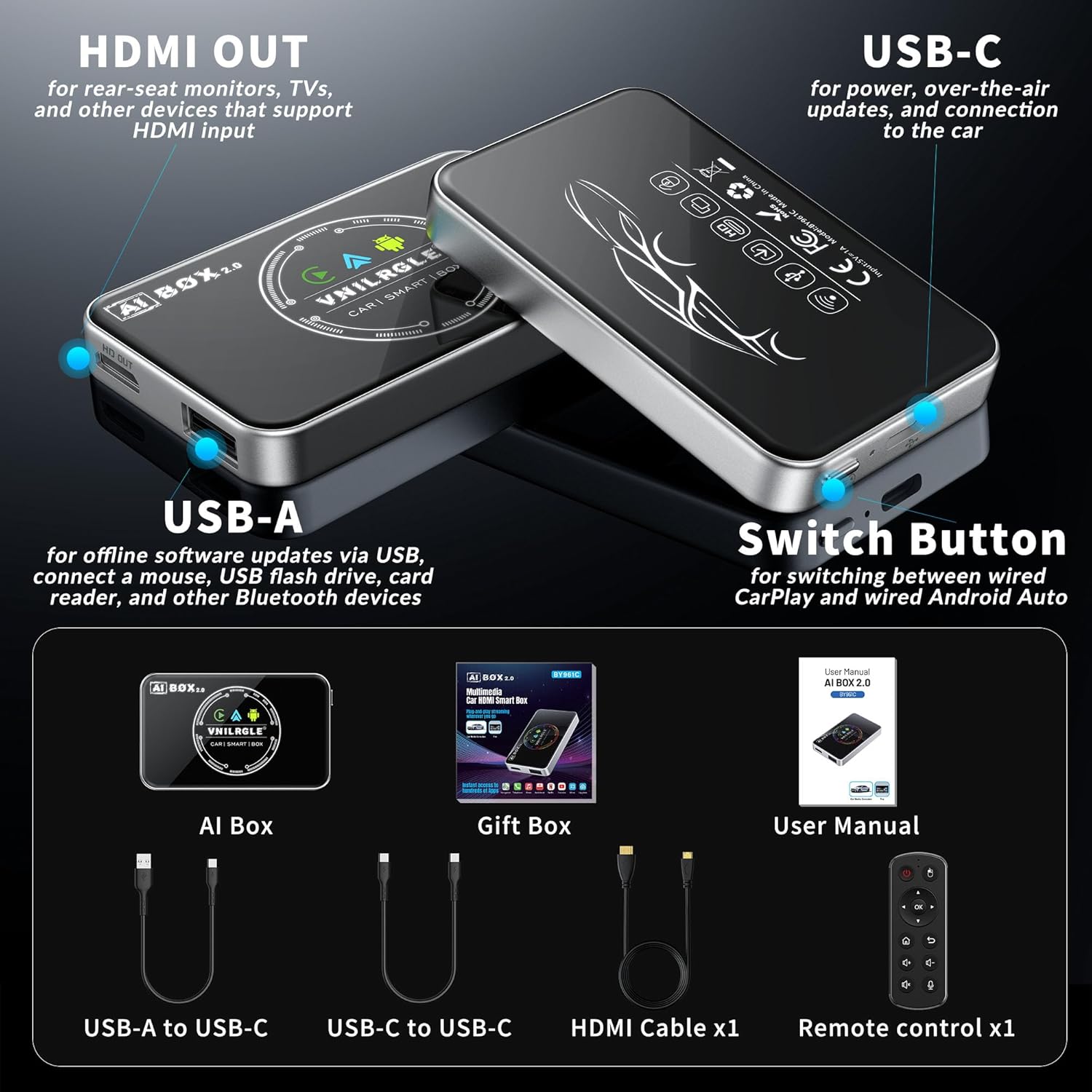 4-in-1 Wireless CarPlay Adapter & Android Auto Wireless Adapter, Stream Netflix, YouTube, and More, Split-Screen & Mirroring, for Cars with OEM Wired CarPlay/Android Auto