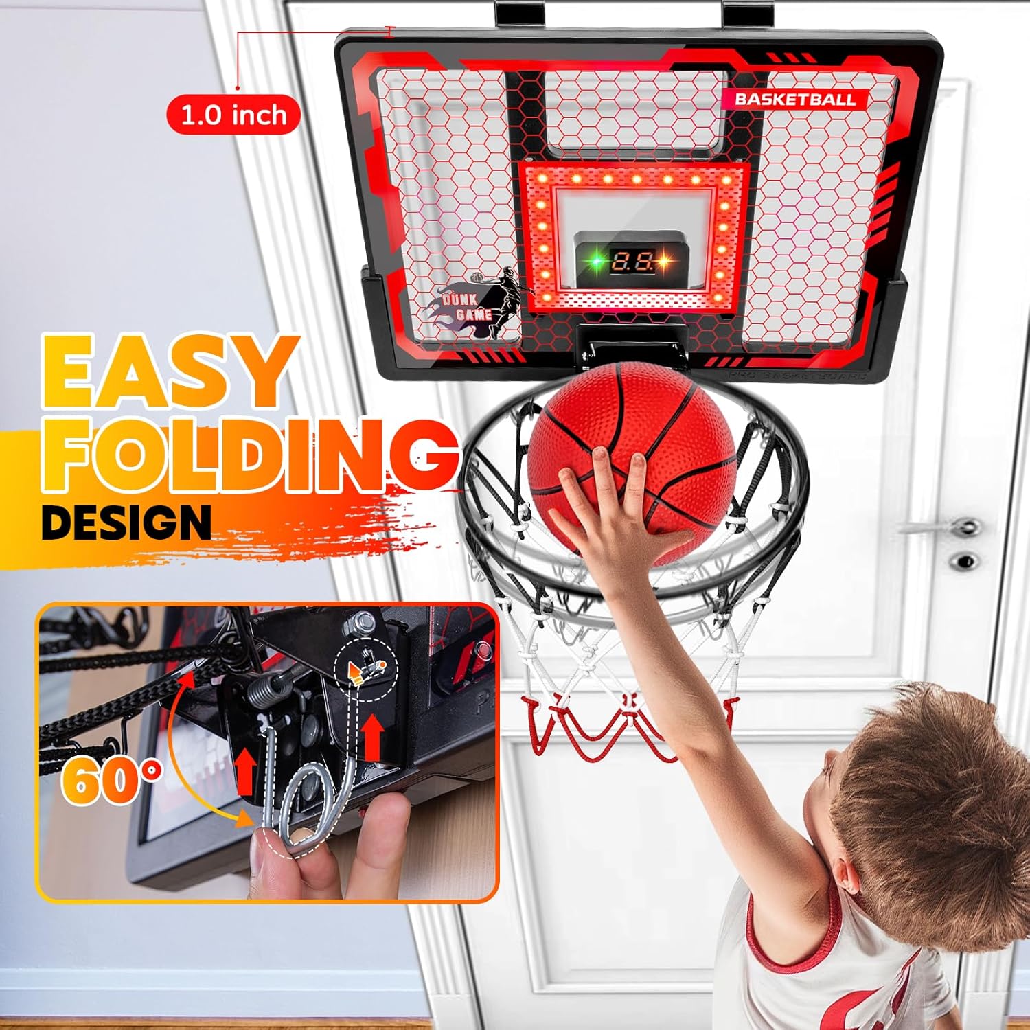 Indoor Basketball Hoop Pro, Mini Basketball Hoop Over The Door with LED Light/Scoreboard/4 Balls- Upgraded Anti-Impact Backboard, Basketball Toys Gifts for 6 7 8 9 10 11 12 Year Old Boys