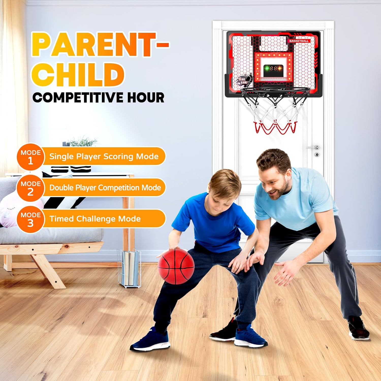 Indoor Basketball Hoop Pro, Mini Basketball Hoop Over The Door with LED Light/Scoreboard/4 Balls- Upgraded Anti-Impact Backboard, Basketball Toys Gifts for 6 7 8 9 10 11 12 Year Old Boys