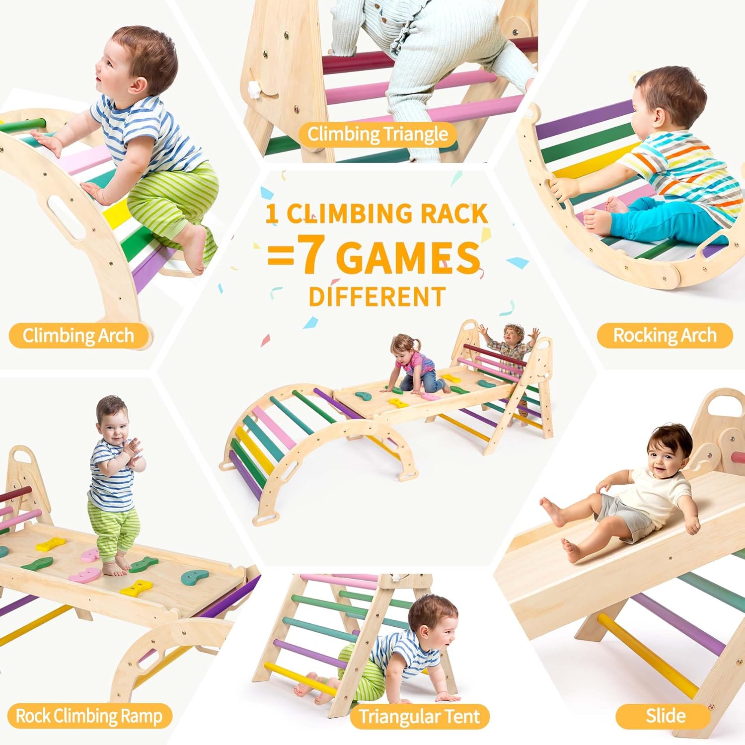 7in1 Extra Large Pikler Triangle Set, Indoor Climbing Toys for Toddlers, Foldable Wooden Montessori Climbing Set with Arch, Ramp & Ladder Baby Indoor Playground Jungle Gyms for Toddlers