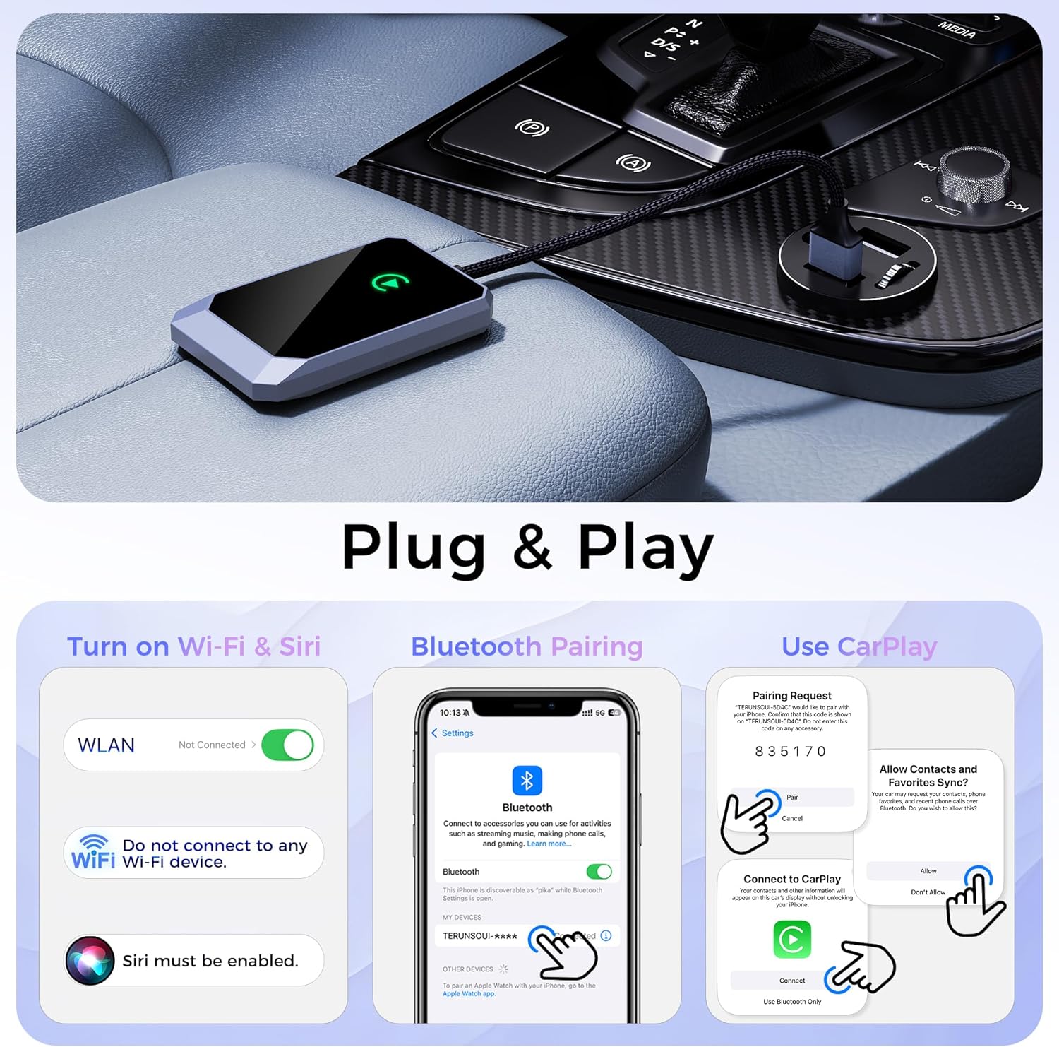 Wireless CarPlay Adapter, Convert Factory Wired to Wireless, Easy Plug and Play Setup, Zero Delay, Supports Voice Assistant, Compatible with Cars with OEM Wired CarPlay & iOS 10+