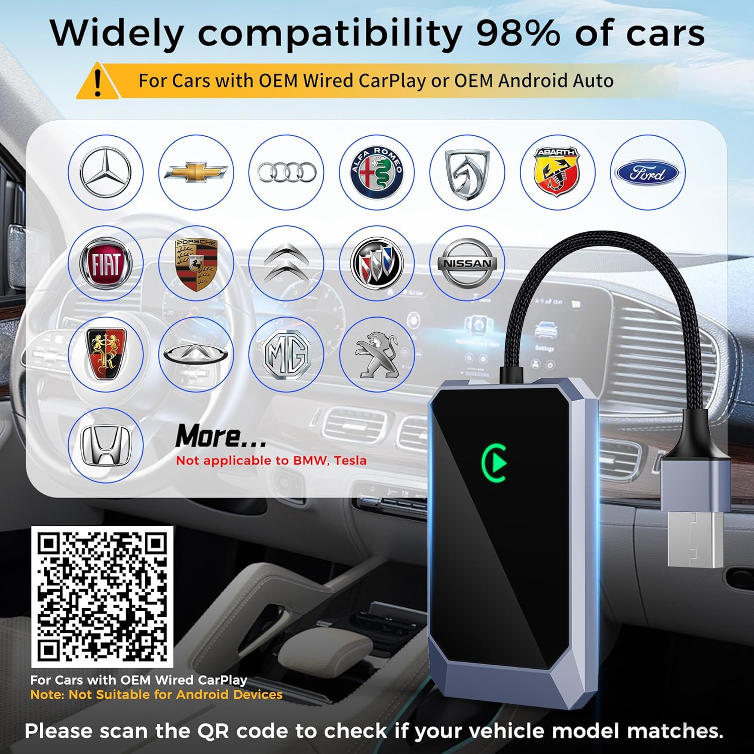 Wireless CarPlay Adapter, Convert Factory Wired to Wireless, Easy Plug and Play Setup, Zero Delay, Supports Voice Assistant, Compatible with Cars with OEM Wired CarPlay & iOS 10+