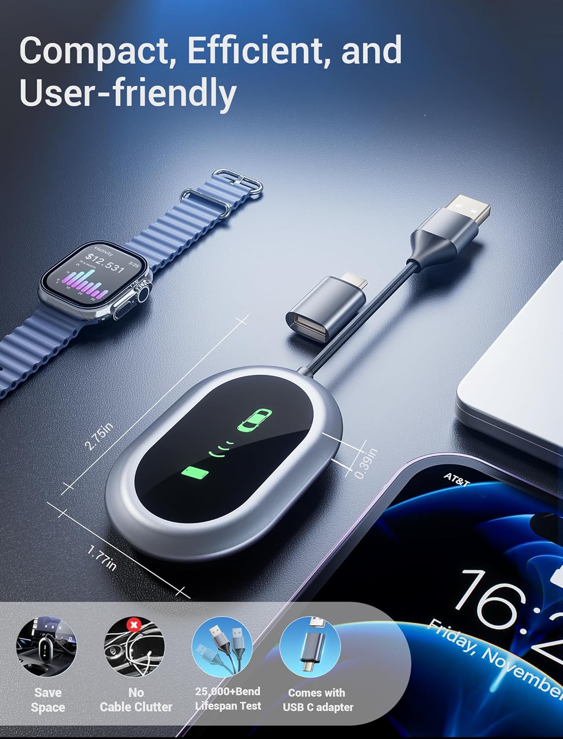 Wireless CarPlay Adapter - Converts Wired to Wireless CarPlay in 5 Seconds, Plug & Play, A7 Dual-Core Chip, Zero Latency, Stable Connection, Compatible with Apple iPhone iOS 10+ & Vehicles 2015+