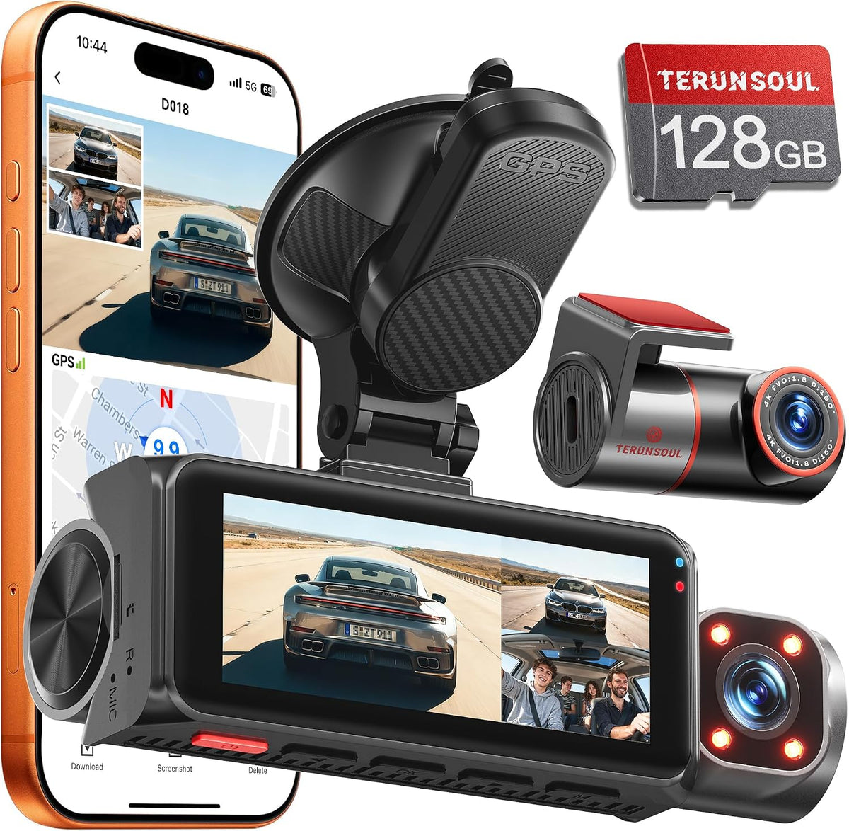 4K+4K+1080P 3 Channel Dash Cam, Free 128GB Card, AProX HD Night Vision | Dash Cam Front and Rear with Cabin, 5.8GHz WiFi6 - up to 20MB/s, App, GPS, G-Sensor, 24H Parking Mode, Support 512GB Max