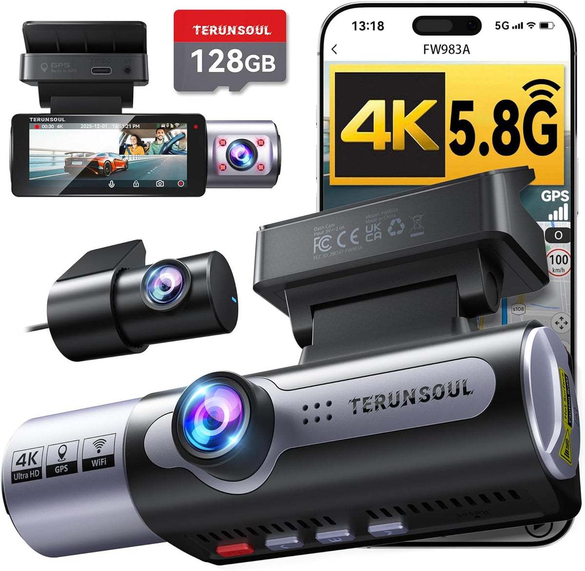 4K Dash Cam Front and Rear, Full HD 3 Channel Dashcam, Free 128GB MicroSD Card, Built-in 5.8GHz WiFi Built-in GPS, Collision Sensor, Night Vision, HDR, 3.16" IPS, 24H Parking Mode（Black）
