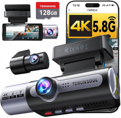 4K Dash Cam Front and Rear, Full HD 3 Channel Dashcam, Free 128GB MicroSD Card, Built-in 5.8GHz WiFi Built-in GPS, Collision Sensor, Night Vision, HDR, 3.16" IPS, 24H Parking Mode（Black）