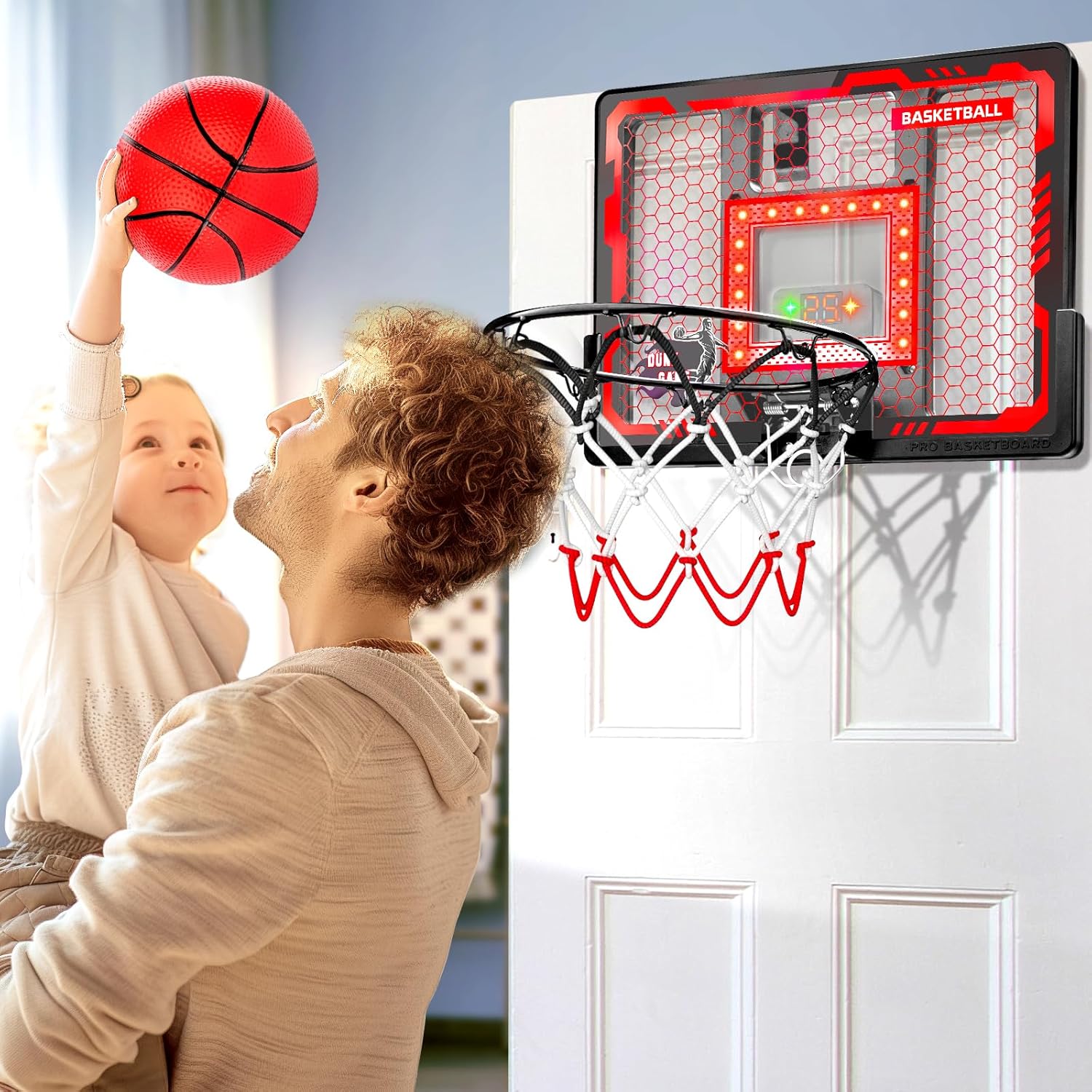 Indoor Basketball Hoop Pro, Mini Basketball Hoop Over The Door with LED Light/Scoreboard/4 Balls- Upgraded Anti-Impact Backboard, Basketball Toys Gifts for 6 7 8 9 10 11 12 Year Old Boys