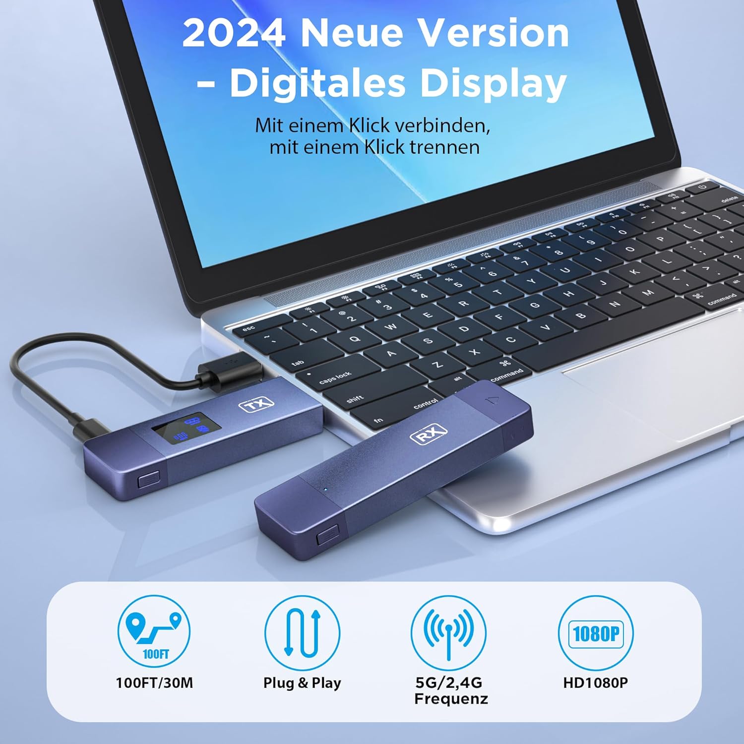 HDMI Wireless Transmitter and Receiver, 98 FT/30M Stabile Verbindung, 2,4G/5G tragbarer Wireless HDMI mit LED-Bildschirm, Plug & Play für Streaming Video Audio File von, Laptop, PC zu HDTV, Projektor.