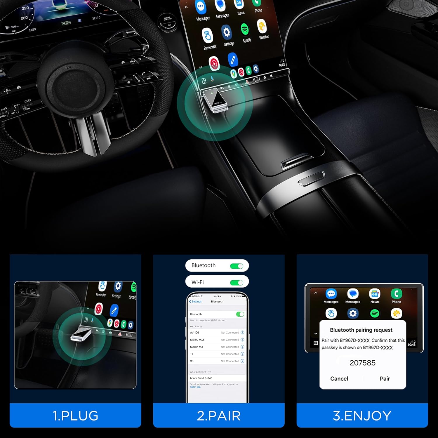 Android Auto Wireless Adapter, Convert Factory Wired to Wireless, Easy Plug and Play Setup, Zero Delay, Supports Voice Assistant, Compatible with Android 11+