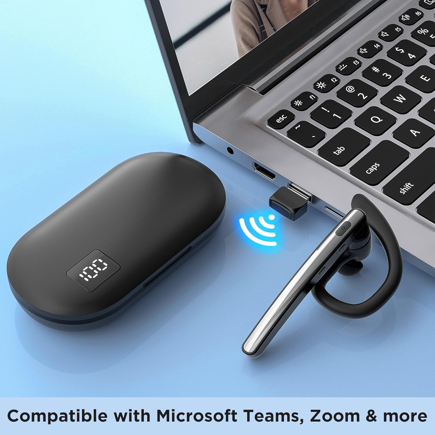 Bluetooth Headset V5.3, Wireless Bluetooth Earpiece with 600mAh Charging Case, 110H Playtime, Hands Free Headset for Cell Phone and Computer with Built-in Microphone for Work Trucker Office