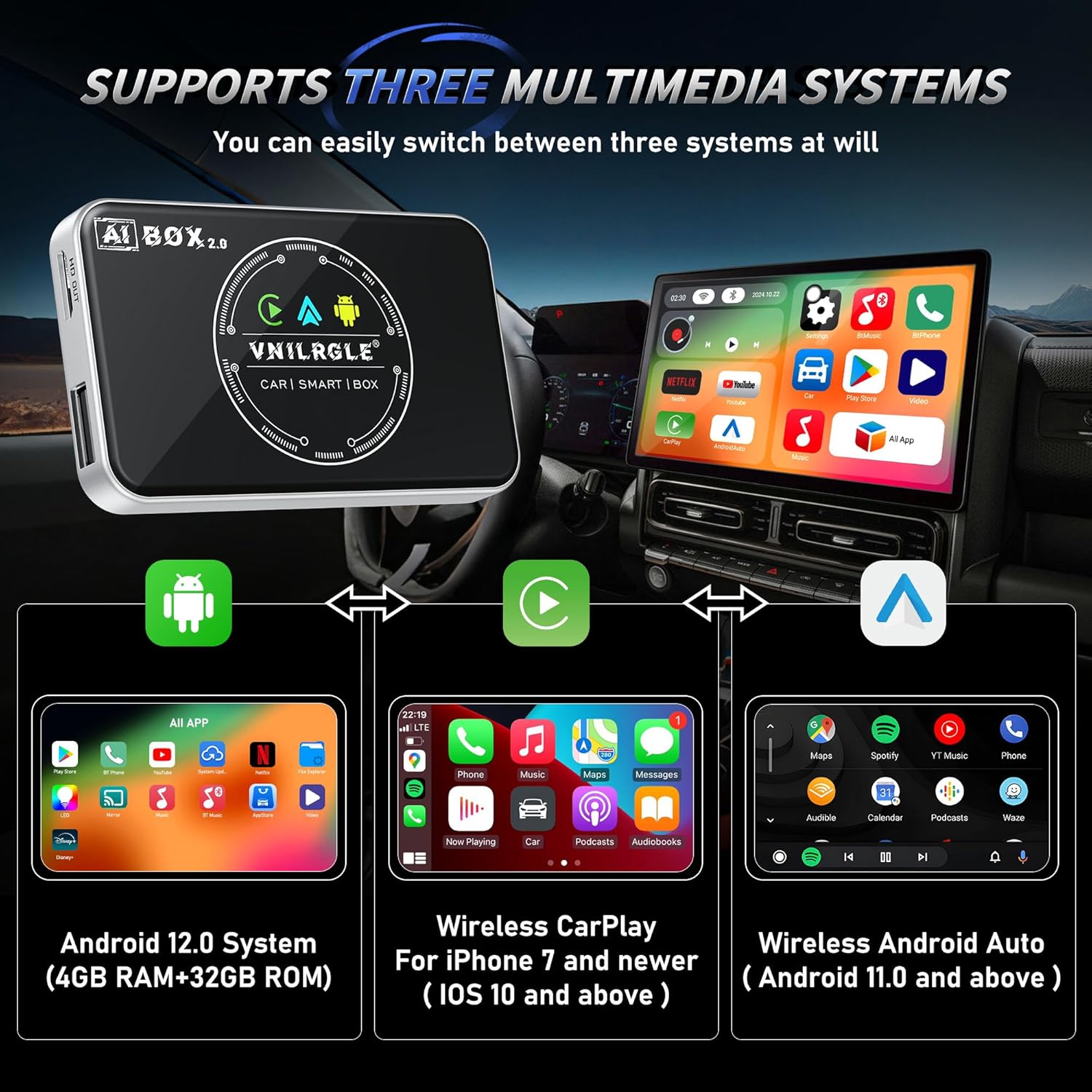 4-in-1 Wireless CarPlay Adapter & Android Auto Wireless Adapter, Stream Netflix, YouTube, and More, Split-Screen & Mirroring, for Cars with OEM Wired CarPlay/Android Auto