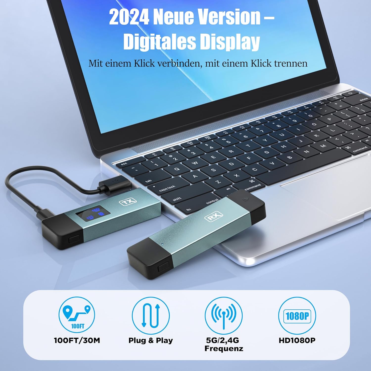 Wireless HDMI Transmitter and Receiver, 98 FT/30M Stabile Verbindung, 2,4G/5G tragbarer HDMI Wireless mit LED-Bildschirm, Plug & Play für Streaming Video Audio File von, Laptop, PC zu HDTV, Projektor.