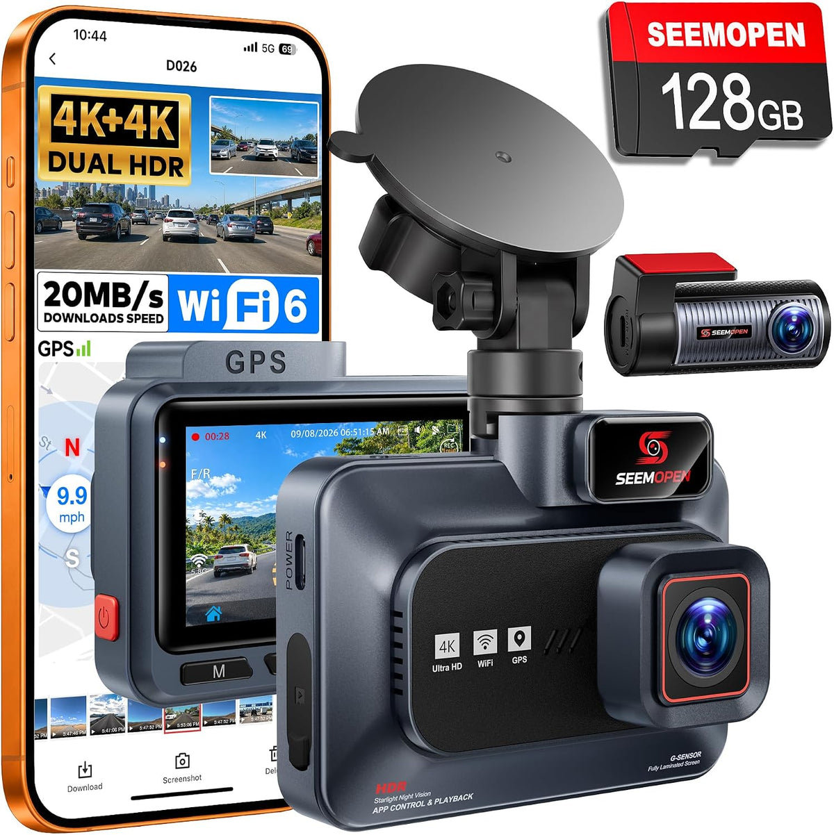 4K+4K Dash Cam Front and Rear, 2 HDR Night Vision, Free 128GB Card|5.8GHz WiFi6 - up to 20MB/s, 3" Full-Laminated Screen, App, GPS, G-sensor, Support 1TB Max, Power-Saving Parking Mode(Blue)