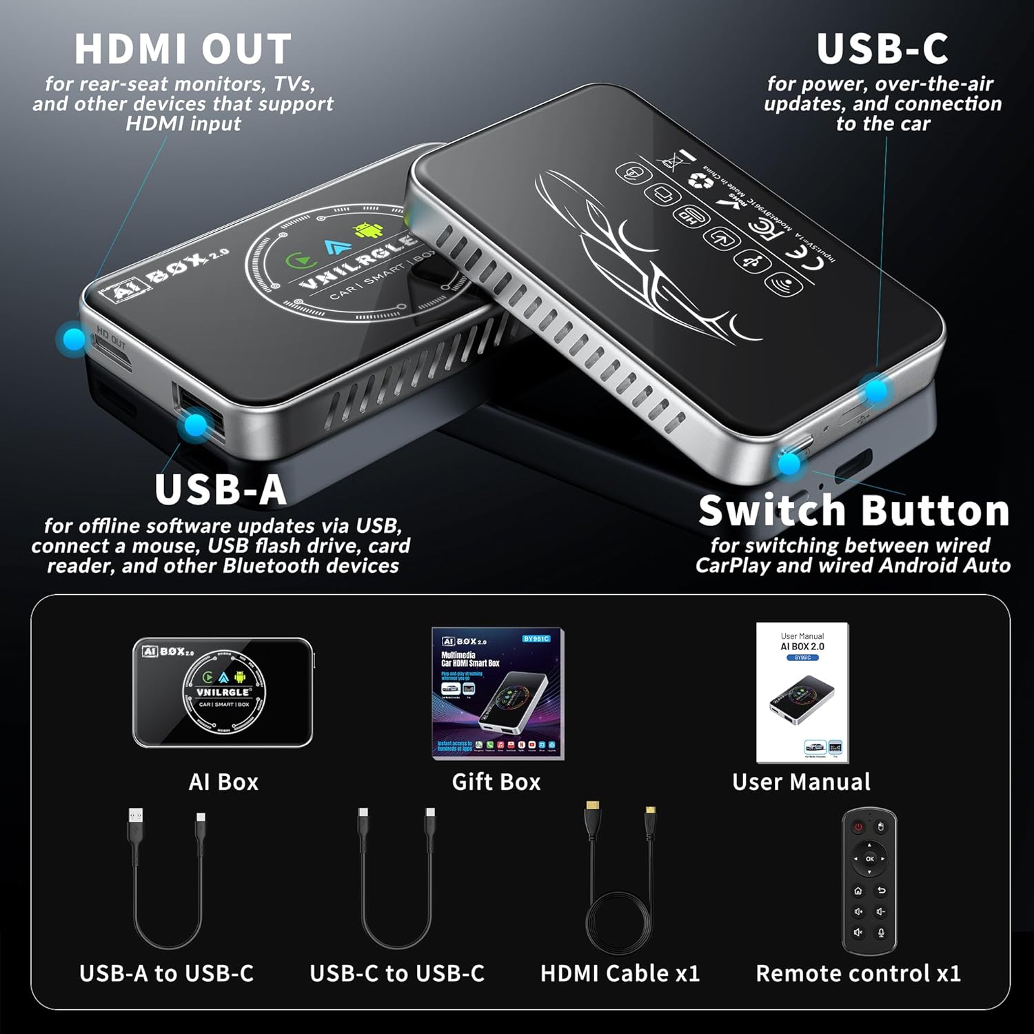 4-in-1 Wireless CarPlay Adapter & Android Auto Wireless Adapter, Stream Netflix, YouTube, and More, Split-Screen & Mirroring, for Cars with OEM Wired CarPlay/Android Auto